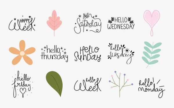 Hello week lettering icon set — Stock Vector