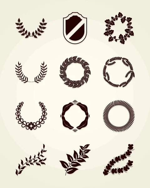 Feuilles couronnes et étiquettes ensemble — Image vectorielle