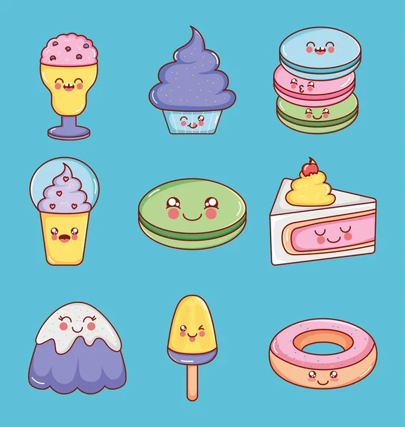 Ensemble d'icônes de desserts kawaii — Image vectorielle