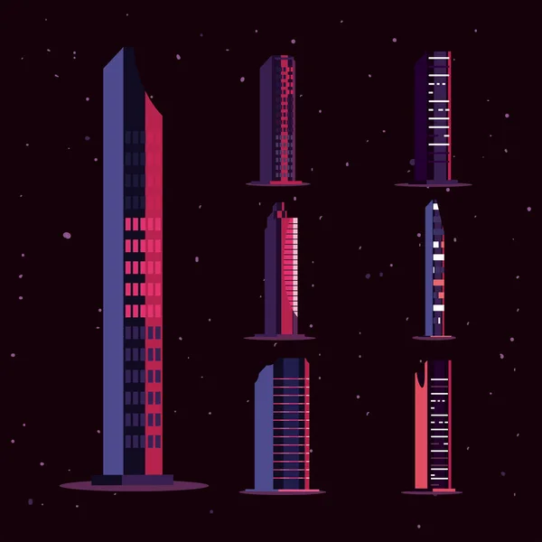 Siete edificios de neón — Vector de stock