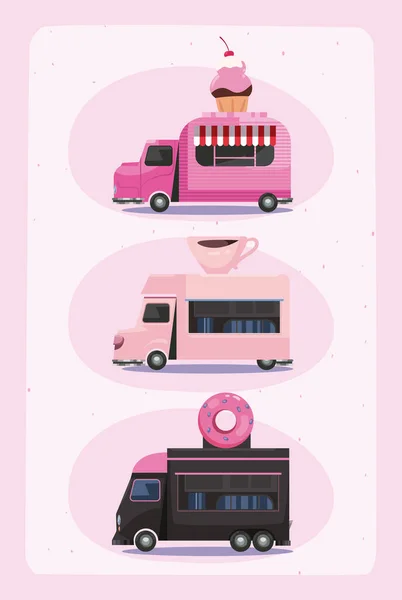 Trois camions alimentaires plats — Image vectorielle