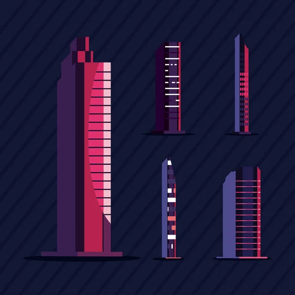 Cinco edificios de neón — Vector de stock