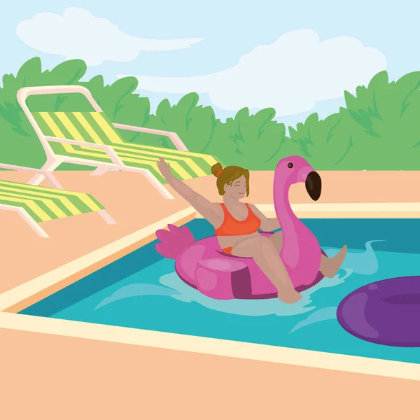 Flamingo şamandıralı havuzda bir kadın — Stok Vektör