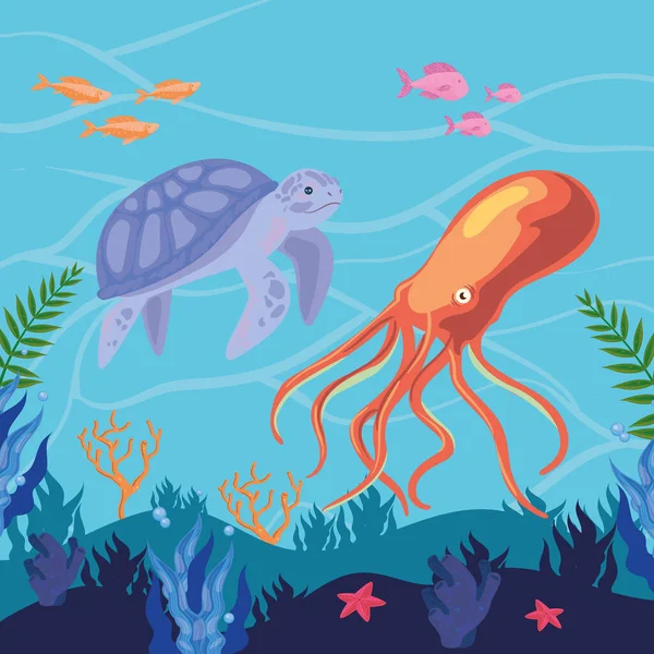 Schildkröte und Okutopus im Ozean — Stockvektor