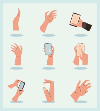 Akıllı telefonlu dokuz el.