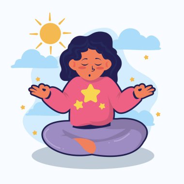 Rahat kız gökyüzünde meditasyon yapıyor.