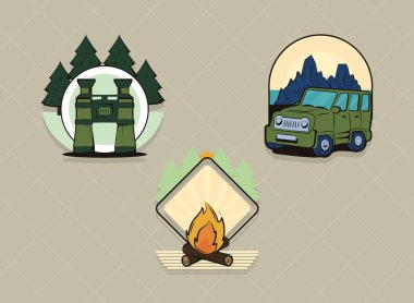 macera ve kamp rozetleri simgesi seti