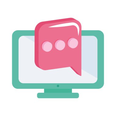 Beyaz arkaplanda konuşma baloncuğu olan bilgisayar