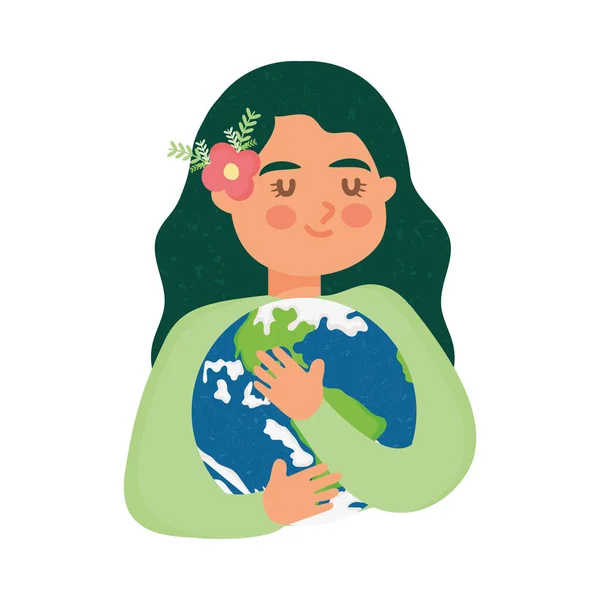 可爱的女人拥抱地球 — 图库矢量图片