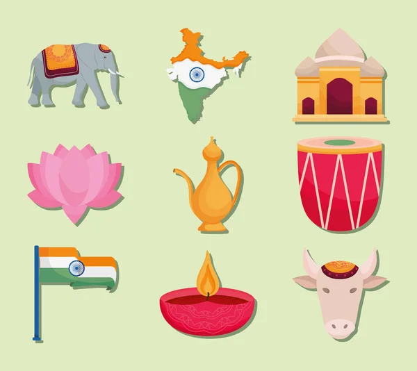 Indické Ikony Nastavené Zeleném Pozadí — Stockový vektor