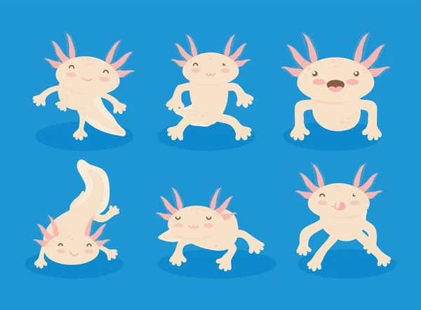 Cute Axolotls Ikony Zestaw Niebieskim Tle — Wektor stockowy