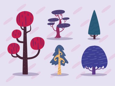 Beş düz renkli ağaç seti.