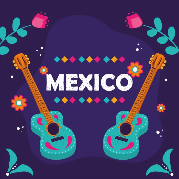 Karte Von Mexiko Mit Farbigen Gitarren — Stockvektor