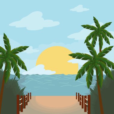 Gün batımı plaj kartı ve palmiyeler