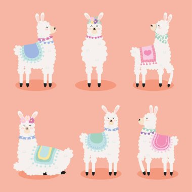 set of six colored llamas