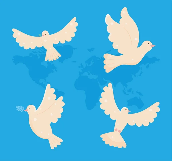 Cartoon Doves Peace Icon Set Blue Background — Vector de stock