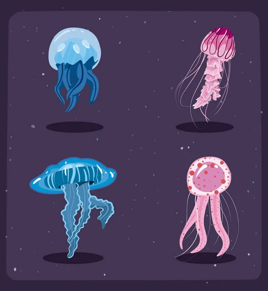 Set Four Flat Jellyfishes — Stock Vector