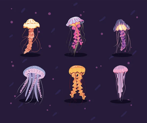 Set Six Flat Jellyfishes — Archivo Imágenes Vectoriales