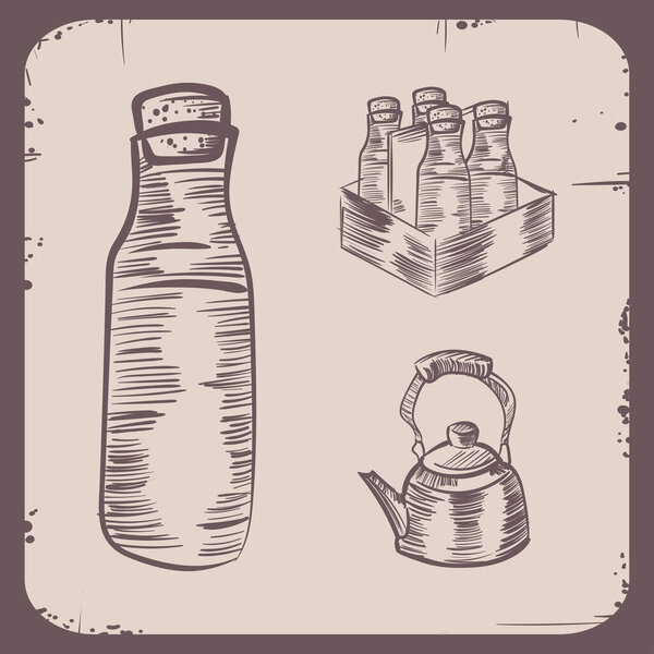 набор плоских бутылок молока и горшок