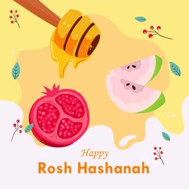 card of rosh hashanah with food and honey spoon