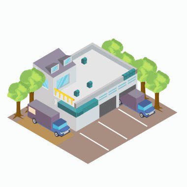 isometric factory banner with trucks