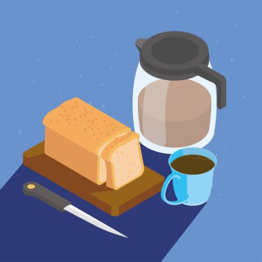isometric coffee design with bread and coffee jar