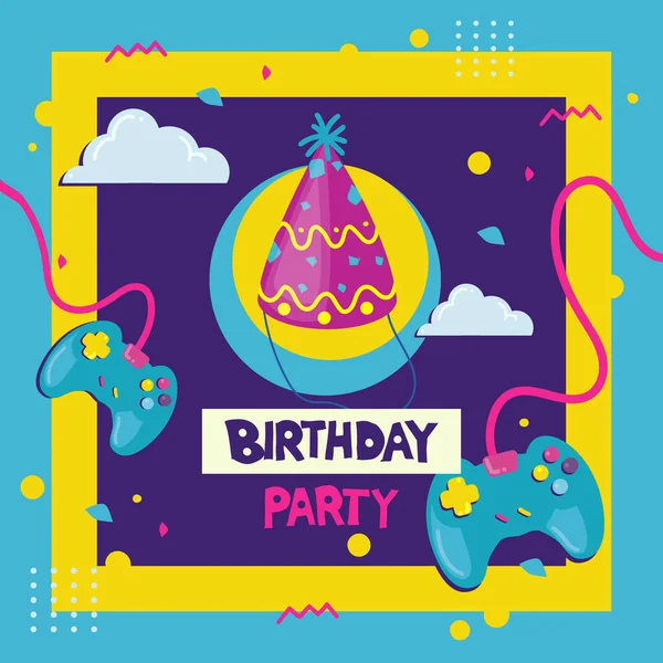 90S Birthday Poster Wuth Party Hat Controllers — Stock vektor