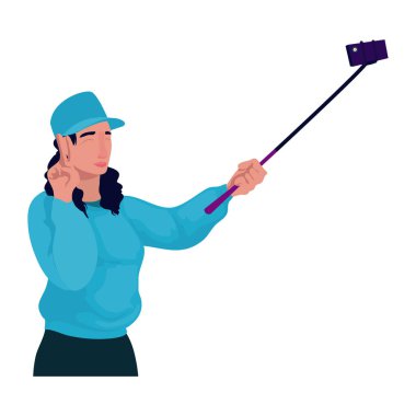 woman with selfie stick over white