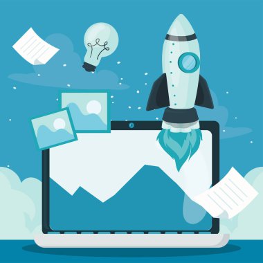 image of startup with laptop and rocket