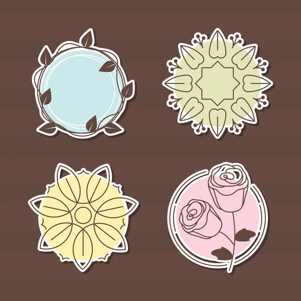 Floral Badges Icon Set Brown Background — ストックベクタ