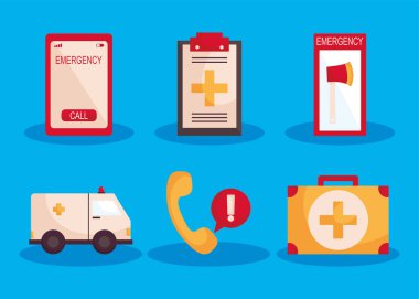 emergency icon collection on blue background