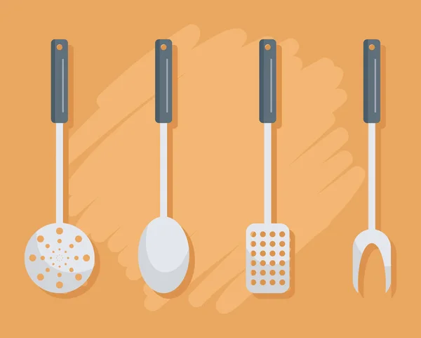 Kitchen Utensils Icon Set Orange Background — Stock Vector