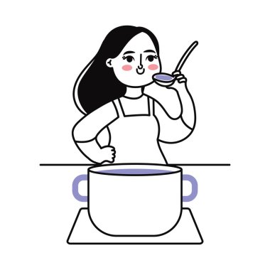 woman cooking with pot and spoon