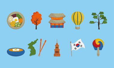 korea icon set on blue background