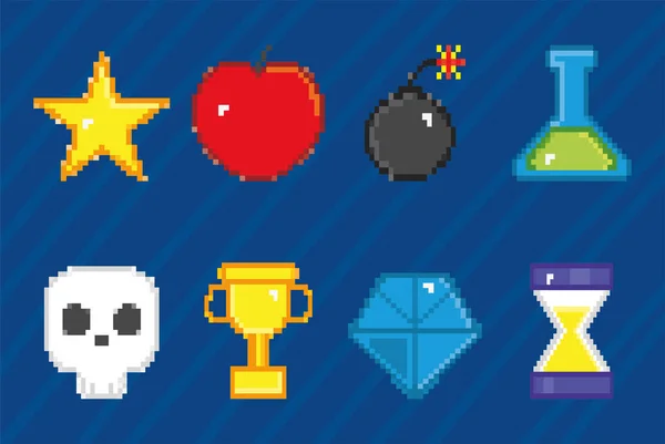 Pixel Videogame Symbols Icon Set — Stockvektor