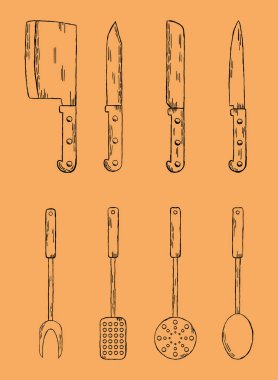 kitchen utensils icon set on orange background