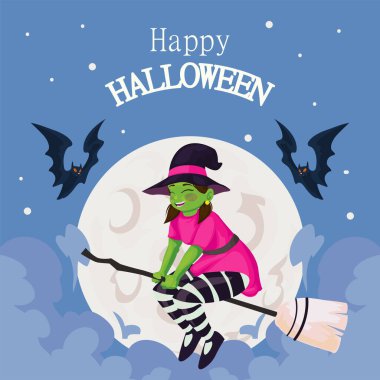 Cadılar bayramı kartın kutlu olsun. Bir cadı ve yarasalarla dolu.