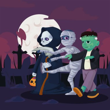 Mezarlıkta canavarların olduğu Cadılar Bayramı kartı.