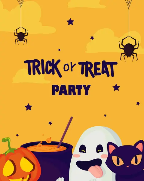 Truc Trakteer Party Kartel Met Halloween Karakters — Stockvector