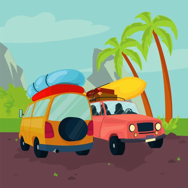 Road Trip Two Cars Beach — Stock Vector