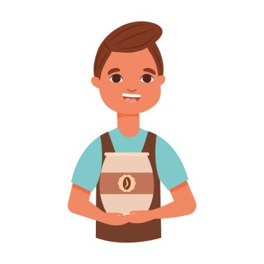 Kahveci beyaz arka planda kahve poşeti tutuyor.