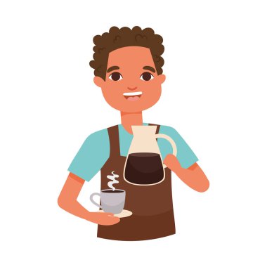 Beyaz arka plandaki mutlu barista adam.