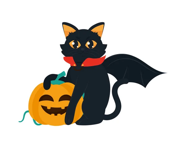 Chat Halloween Avec Citrouille Ailes — Image vectorielle