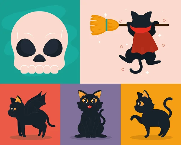 Cráneo Halloween Gatos Icono Conjunto — Archivo Imágenes Vectoriales