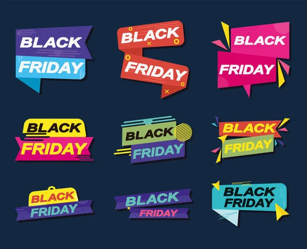 Black Friday Badges Ikone Set Design — Stockvektor