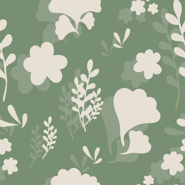 緑とベージュでディジーな自然要素 草や花のシームレスなパターンイラスト 正方形のタイルを繰り返す表面設計要素 — ストックベクタ