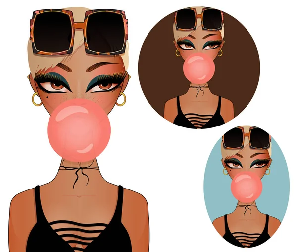 Cute Summer Tanned Girl Pink Bubblegum Huge Sunglasses Girl Avatar — Stock Photo, Image