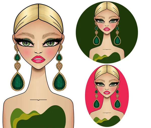 Elegant blonde girl with green stones large earrings. Girl avatar illustration clipart isolated on transparent background.