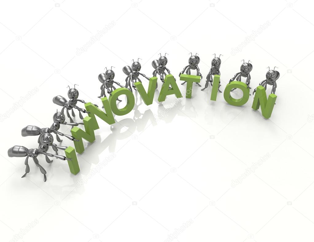 Innovation 3d word with black ants