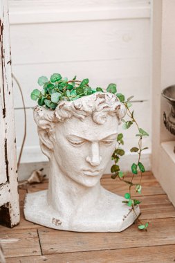 Yeşil bitkili beyaz alçıtaşı baş vazosu
